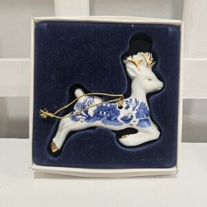 Blue and White Porcelain Reindeer Ornament with Gold Accents